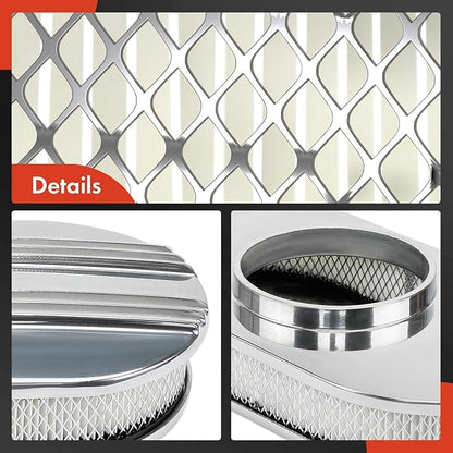 A-Premium Universal Air Cleaner Filter Assembly - Compatible with 15" x 2", Oval Chrome Polished Half Finned Air Cleaner
