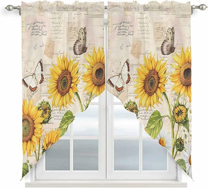 Yellow Sunflowers Swag Valances for Windows, Country Farm Butterfly Flower Light Beige Rod Pocket Kitchen Curtains Valance, Kitchen Window Curtains Swag for Cafe Living Room, 2 Panels, 36x63 inch