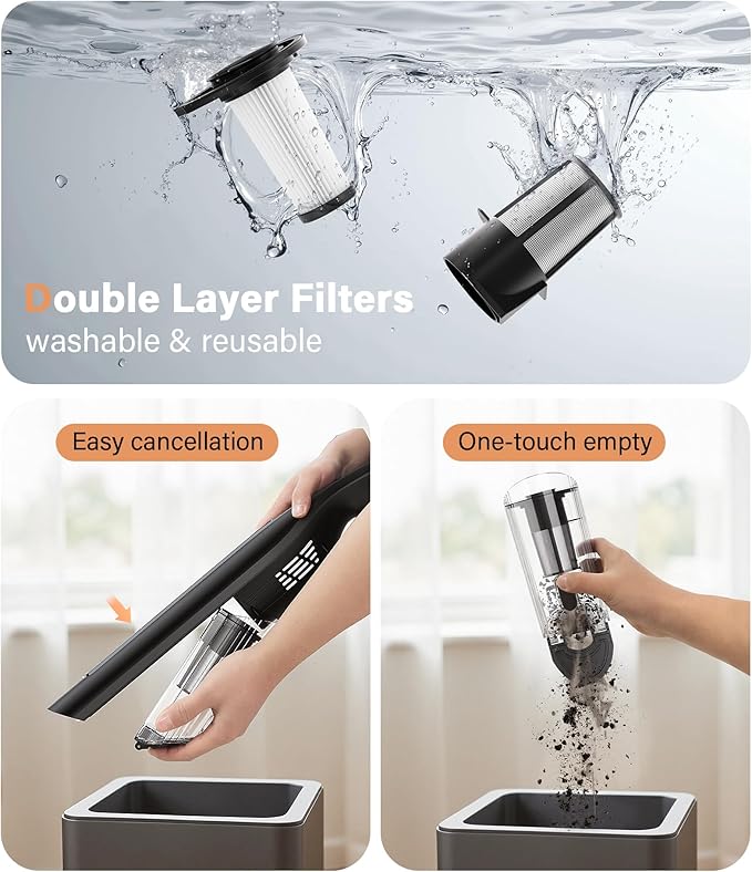 Handheld Vacuum Cordless,24KPA High Power Car Vacuum with Brushless Motor,LED Light,Charging Dock,Rechargeable Hand Held Vacuum Cleaner with Reusable Filter for Car,Home,Office,Pet Pair,Bk