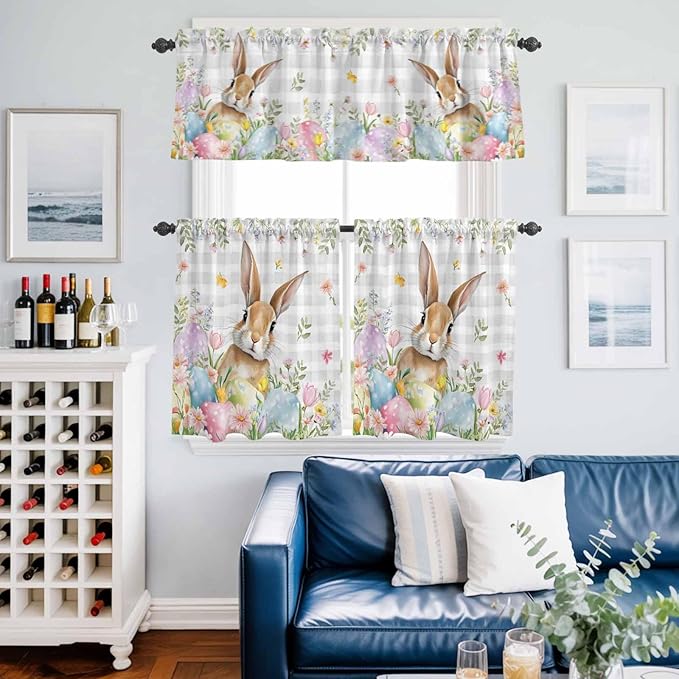 Kitchen Curtains Tiers and Valance Set of 3, Easter Light Filtering Window Curtain Set, Spring Rabbit Eggs Blooms Flowers Leaf Grey Plaid Rod Pocket Curtain Drapes for Living Room, 36 Inches Tiers