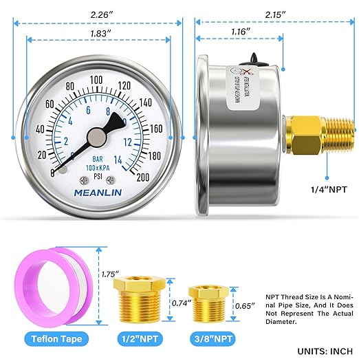 MEANLIN MEASURE 0~200Psi Dry Pressure Gauge Stainless Steel 1/4" NPT 2" FACE DIAL Waterproof for Air Compressor Air Regulator Water Filter Center Back Mount, with 1/2" NPT and 3/8" NPT Hex Bushing