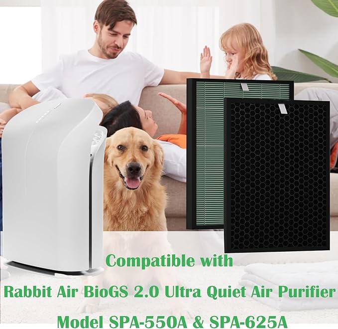 BioGS 2.0 Replacement Filter Kit Compatible with Rabbit Air SPA-550A & SPA-625A – 2 Set HEPA & Activated Carbon Filters | Captures Dust Odors for Home Large Room Pet Owner – 12–18 Month Supply
