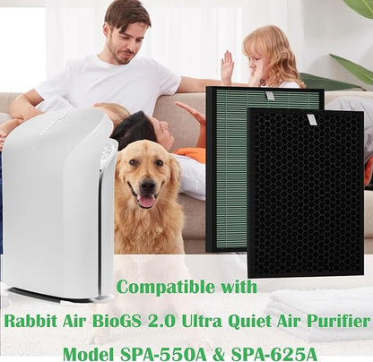 BioGS 2.0 Replacement Filter Kit Compatible with Rabbit Air SPA-550A & SPA-625A – 2 Set HEPA & Activated Carbon Filters | Captures Dust Odors for Home Large Room Pet Owner – 12–18 Month Supply