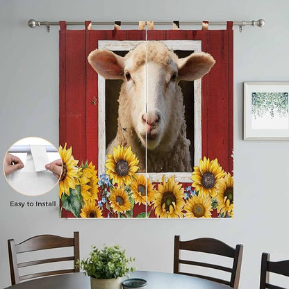 Sheep Sunflower Bathroom Curtains 63 Inch Length, Window Curtains Tab Top, Country Red Farm Barn Spring Flowers Light Filtering Window Treatments Drapes 52"x63" 2 Panel
