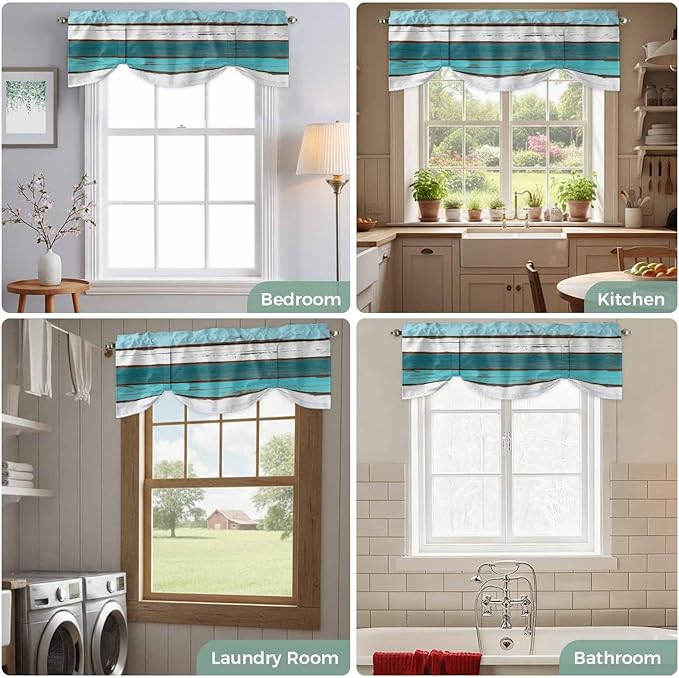Turquoise Teal Tie Up Valance Curtains for Windows, Kitchen Curtains Window Shades, Farmhouse Retro Ombre Wooden Grain Light Filtering Roman Curtain Valances for Bedroom/Bathroom/Cafe 42"x18"