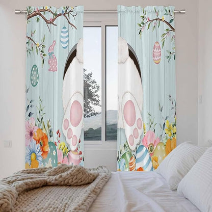 Easter Bunny Window Curtains 72 Inch Long 2 Panel Set,Rod Pocket Long Curtains & Drapes,Easter Eggs Spring Farmhouse Wood Grain Teal Blue Light Filtering Window Treatment for Bedroom 52"W x 72"L