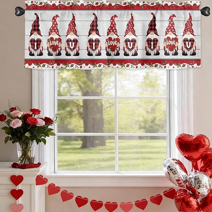 I Love U Valance Curtains for Kitchen, Valentine's Day Dwarf Romantic Wood Grain Privacy Rod Pocket Valance Curtain, Light-Filtering Window Treatment for Bedroom Bathroom, 54"x18"