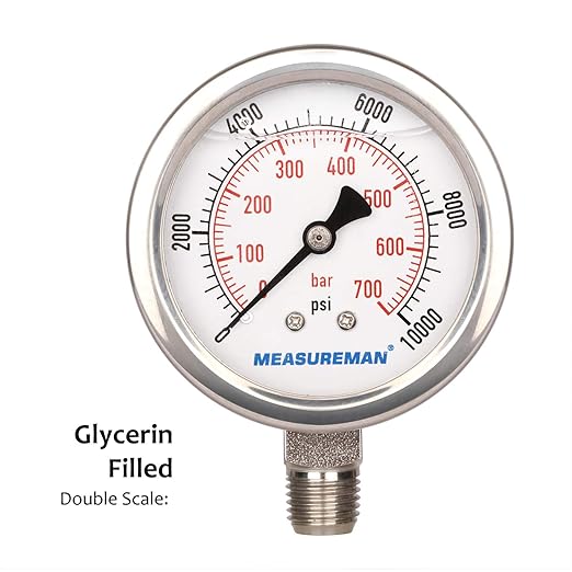 MEASUREMAN 2-1/2" dial,Glycerin Filled Hydraulics Pressure Gauge Stainless Steel case, 316 SS Wetted Part, 0-10000psi/bar1/4 NPT,Lower Mount