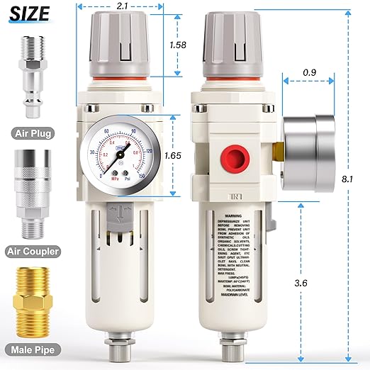 TAILONZ PNEUMATIC 3/8 Inch NPT Air Filter Pressure Regulator Combo Piggyback, Air Tool Compressor Filter with Gauge AW3000-03