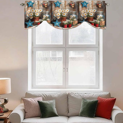 Country Flower Tie Up Valance for Window, Western Texas Star Butterfly Barn Door Adjustable Balloon Window Shade Valance Curtain for Kitchen Cafe Bathroom Window Treatment Panel 42''x12''