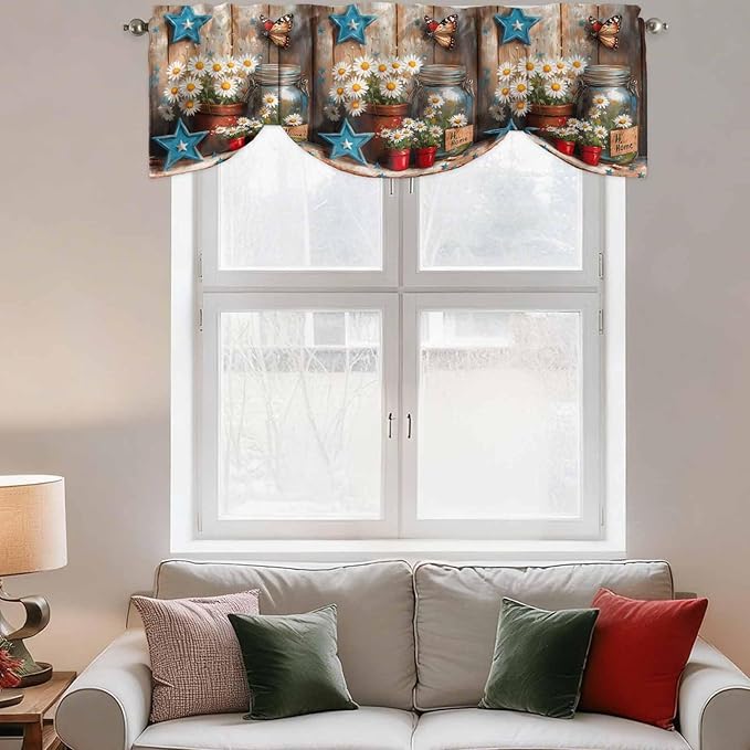 Country Flower Tie Up Valance for Window, Western Texas Star Butterfly Barn Door Adjustable Balloon Window Shade Valance Curtain for Kitchen Cafe Bathroom Window Treatment Panel 54''x18''