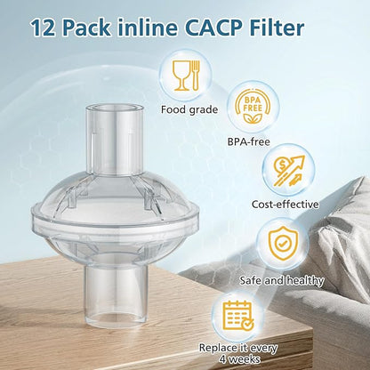 12-pack CPAP Inline Filter, Universal Inline CPAP Filter Compatible with BiPAP Machines ResMed,Dreamstation Standard, Any CACP Machine Size 22mm and 25mm Tube