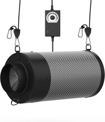 Air Carbon Filter with Built-in Fan, 4 Inch, Australian Virgin Charcoal, Carbon Filter for Grow Tent, Hydroponics, with Speed Control, Prefilter and Hanging Ropes