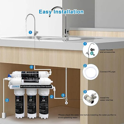 Eiree UF33 6 Stages Ultra Filtration Under Sink Water Filter System Under Counter Water Filter Direct Connect to Kitchen Faucet, Reduces Chlorine, Taste and Odor, Fluoride