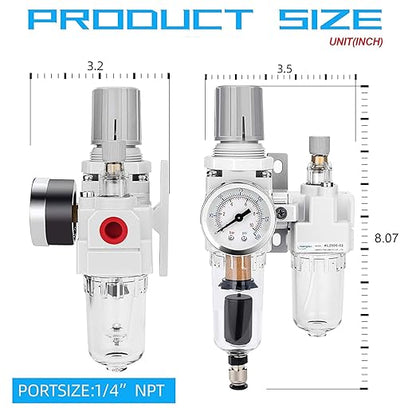 NANPU 1/4" NPT Auto-Drain Air Filter Regulator Lubricator Combo (FRL) Water/Oil Trap Separator - Gauge(0-150 psi), 5 Micron Brass Element, Poly Bowl, Metal Bracket