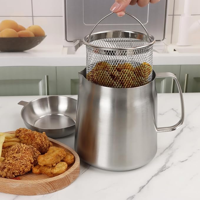 50oz 304 Stainless Steel Oil Filter Pot, Heavy Duty Bacon Grease Container & Deep Fryer Basket, Large Capacity Multi-function Oil Filter Vessel with Strainer for Kitchen Storing Frying Cooking Grease