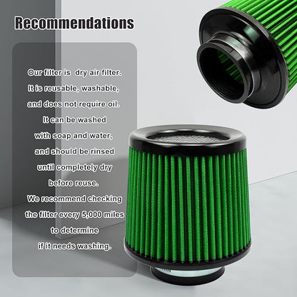 RYANSTAR RACING 76mm 3" High Flow Round Tapered Cone Cool Air Filter Cleaner with Top Filter Design Short 163mm tall Green