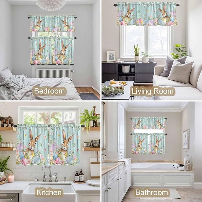 Kitchen Curtains Tiers and Valance Set of 3, Easter Light Filtering Window Curtain Set, Spring Rabbit Eggs Flowers Leaf Green Wooden Plank Rod Pocket Curtain Drapes for Living Room, 24 Inches Tiers