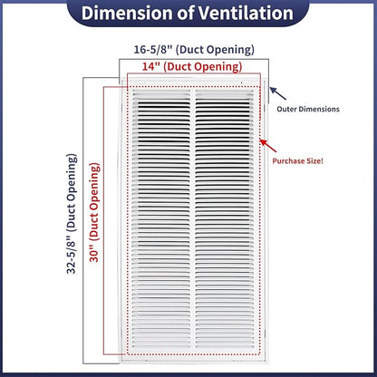 14"W x 30"H [Duct Opening Size] Steel Return Air Filter Grille - Removable Face/Door for 1 inch Filters -HVAC Vent Cover Grill - White [Outer Dimensions: 16 5/8"W X 32 5/8"H]