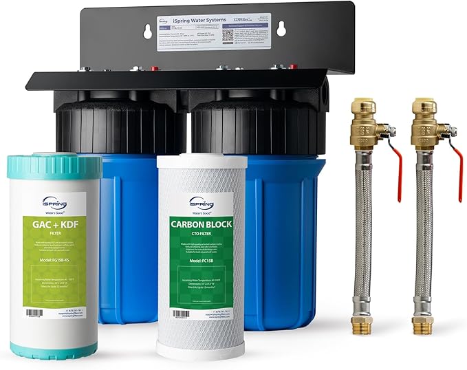 iSpring WGB21B-KS+AHPF12MNPT16X2 2-Stage Whole House Water Filtration System w/ 3/4'' Push-Fit Braided Stainless Steel Hose Connectors, Removes Chlorine, Lead, Odor and More, 1" Inlet/Outlet Ports