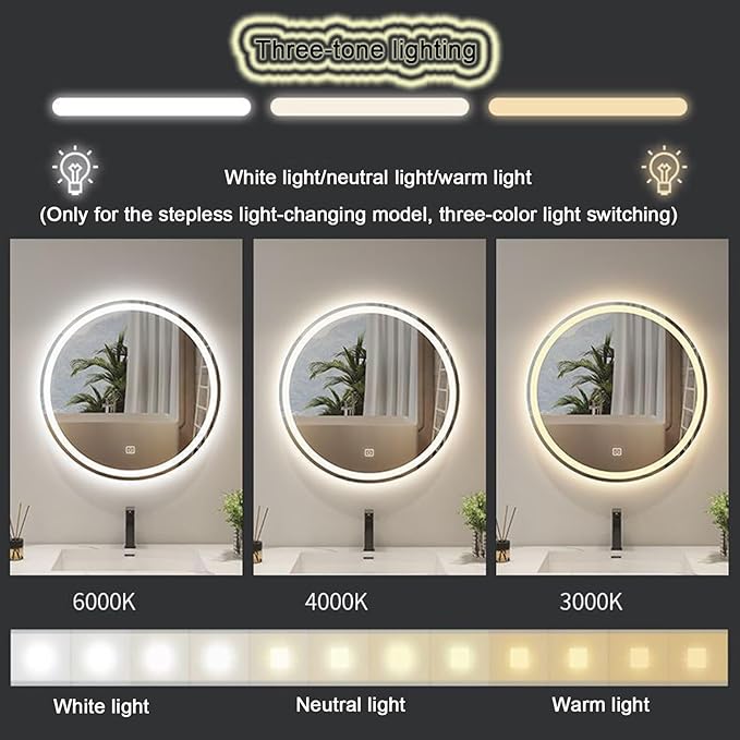 Round Bathroom Mirror with LED Lights and Demister，Round LED Bathroom Mirror with Light,Large Circle Mirror Backlit + Front Light，3 Colors Dimmable/Demister Pad(B,H60*W60cm/H23.6*W23.6IN)