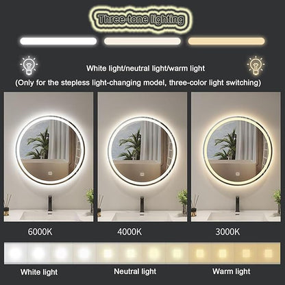 Round Bathroom Mirror with LED Lights and Demister，Round LED Bathroom Mirror with Light,Large Circle Mirror Backlit + Front Light，3 Colors Dimmable/Demister Pad(B,H60*W60cm/H23.6*W23.6IN)