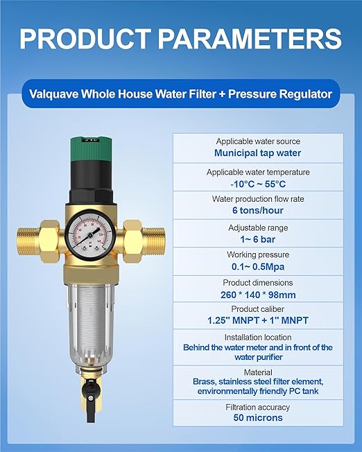 Spin Down Sediment Filter with Water Pressure Regulator, 2 in 1 Whole House Prefilter System with Gauge,50 Micron, 1.25" MNPT + 1" FNPT + 1" MNPT, Heavy Duty Brass