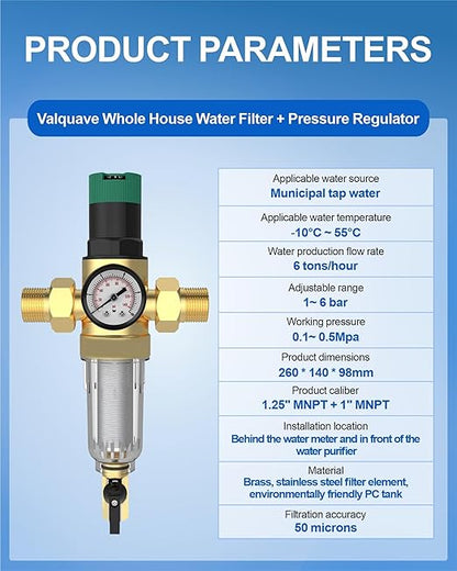Spin Down Sediment Filter with Water Pressure Regulator, 2 in 1 Whole House Prefilter System with Gauge,50 Micron, 1.25" MNPT + 1" FNPT + 1" MNPT, Heavy Duty Brass