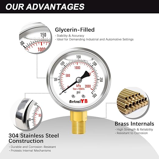 0-300 PSI Heavy-Duty Pressure Gauge, 2-Inch, Glycerin-Filled, Stainless Steel, 1/4" NPT Lower Mount, Shock-Resistant, Waterproof Pressure Meter for Oil Systems, Water Pumps, HVAC Applications