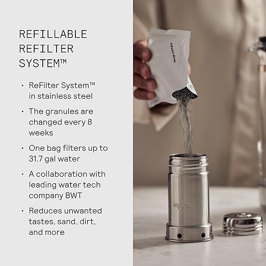 Aarke Purifier Regular 1.18L Glass Pitcher Bundle w/Steel Filter, BPA-Free, 3 Enriched + 1 Pure Granules - Filters & Adds Minerals