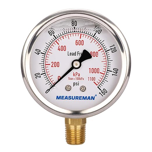 MEASUREMAN Lead-Free Pressure Gauge, 2-1/2inch Dial, Glycerin Filled, 0-160psi/kpa, Stainless Steel Case, 1/4inchNPT Lower Mount
