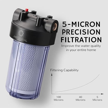Airthereal Whole House Water Filter Housing, 10" x 4.5" Sediment Carbon Cartridge Universal Housing, Pre-Filtration System for Well and City Water with 1" NPT Port (Clear Housing)