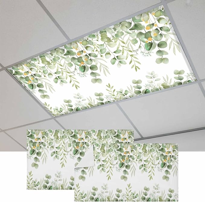 Fluorescent Light Covers for Ceiling Lights Sage Green Eucalyptus Leaves Magnetic Light Filters 2 Pack 4x2 ft Nature Leaf Plant Ceiling Lights Cover for Classroom Office School Home Drop Lamp Decor