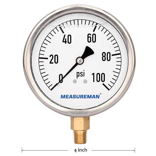 MEASUREMAN 4" Dial Size, Glycerin Filled Plumbing Pressure Gauge, 0-100psi, Stainless Steel Case, 1/4" NPT Lower Mount