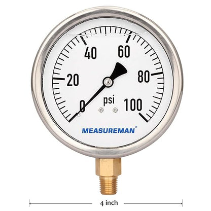 MEASUREMAN 4" Dial Size, Glycerin Filled Plumbing Pressure Gauge, 0-100psi, Stainless Steel Case, 1/4" NPT Lower Mount