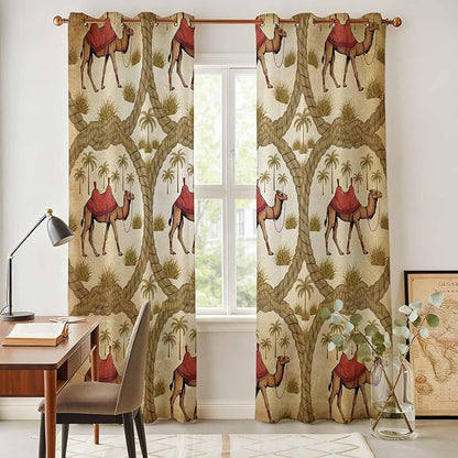 2 Panel Kitchen Cafe Curtains, Brown Desert Camels Sunlight Filtering Nature Air Through, Window Decor Tier Curtains for Living Room 104W x 90L inch Tropical Date Coconut Trees Cords Leaves