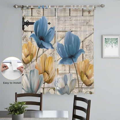 Blue Yellow Tulips Living Room Curtains 96 Inch Length, Window Curtains Tab Top, Retro Farmhouse Flower Barn Doors Wooden Light Filtering Window Treatments Drapes 52"x96" 2 Panel