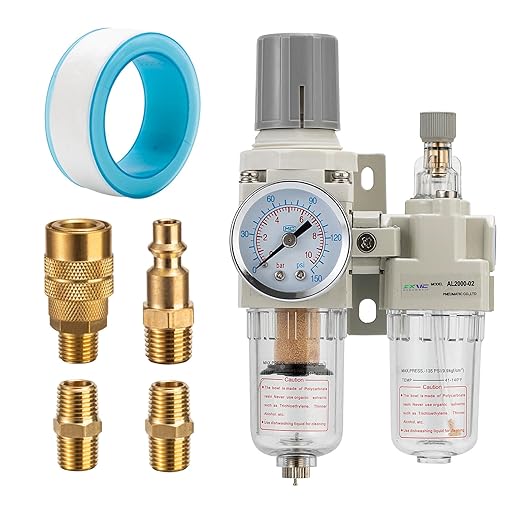 1/4" NPT Compressed Air Filter Regulator Lubricator Combination Water/Oil Trap Separator - Specifications (0-150 psi),5 Micron Brass Element,polyethylene Bowl,Manual Drain,Bracket