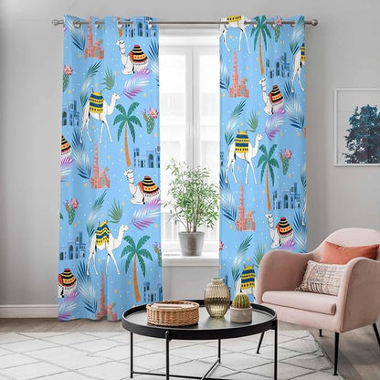 2 Panel Kitchen Cafe Curtains, Desert Landscape Sunlight Filtering Nature Air Through, Window Decor Tier Curtains for Living Room 104W x 90L inch Cute Camels Palm Trees Houses Leaves Blue