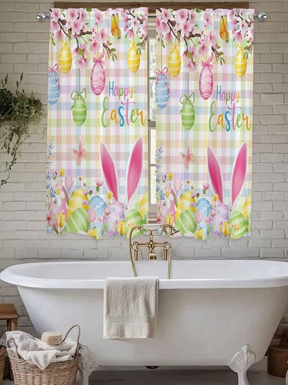 Happy Easter Bedroom Curtains 63 Inches length, Spring Bunny Colorful Eggs Flower Plaid Window Treatment Curtain Drapes, Rod Pocket Curtain Panels for Living Room Kitchen, 42"x63", 2 Panels