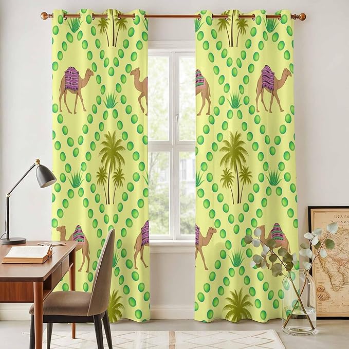 2 Panel Kitchen Cafe Curtains, Desert Sand Camels Sunlight Filtering Nature Air Through, Window Decor Tier Curtains for Living Room 104W x 90L inch Palm Trees Tropical Plants Polka Dot Yellow