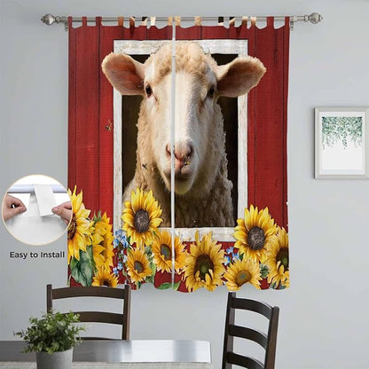 Sheep Sunflower Living Room Curtains 96 Inch Length, Window Curtains Tab Top, Country Red Farm Barn Spring Flowers Light Filtering Window Treatments Drapes 52"x96" 2 Panel