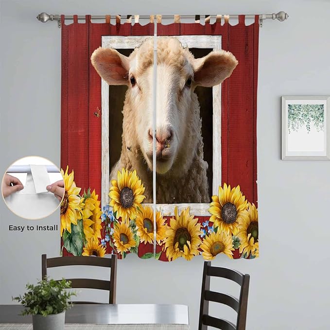 Sheep Sunflower Living Room Curtains 84 Inch Length, Window Curtains Tab Top, Country Red Farm Barn Spring Flowers Light Filtering Window Treatments Drapes 52"x84" 2 Panel