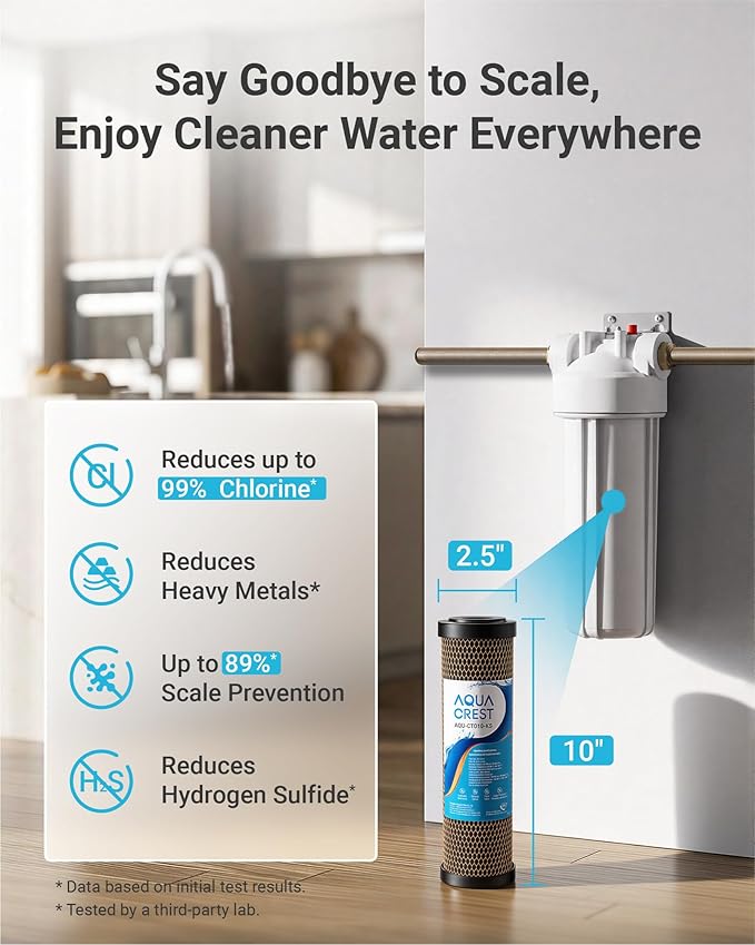 AQUA CREST 1 Micron 2.5"x10" Whole House CTO Carbon Water Filter Cartridge Replacement for DuPont® WFPFC8002, Culligan® D-10A, CBC-10, GE® FXWTC, GXWH20T, Pack of 2
