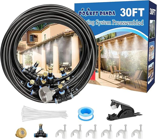 Pre-Assembled Misters for Outside Patio,Outdoor Water Misting Cooling System,30FT|9M.Backyard Mist Kit for Garden,Greenhouse,Deck,Umbrella,Canopy,Pool,Porch.Trampoline Sprinkler,BBQ Party Accessories
