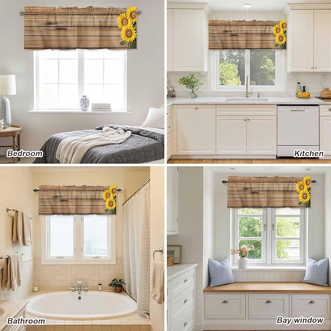 Kitchen Valances for Window, Farm Sunflower on Vintage Wood Grain Light Filtering Rod Pocket Valance Curtain, Spring Country Plant Short Curtains Window Topper for Bedroom Living Room 42x12in