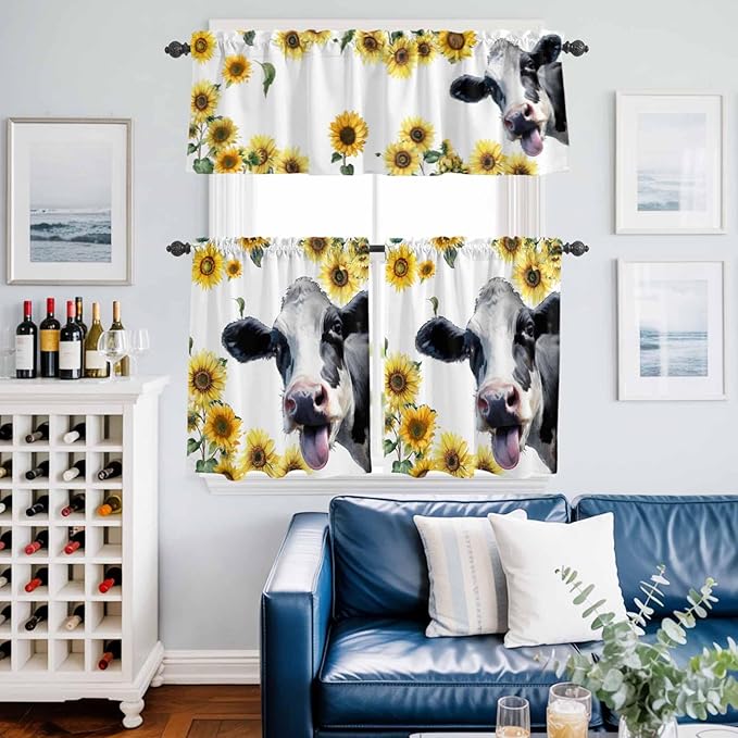 Kitchen Curtains Tiers and Valance Set of 3, Cow Sunflowers Light Filtering Window Curtain Set, Spring Botanical Floral Flowers Animals Rod Pocket Curtain Drapes for Cafe, Living Room, 36 Inches Tiers
