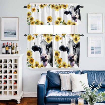 Kitchen Curtains Tiers and Valance Set of 3, Cow Sunflowers Light Filtering Window Curtain Set, Spring Botanical Floral Flowers Animals Rod Pocket Curtain Drapes for Cafe, Living Room, 36 Inches Tiers