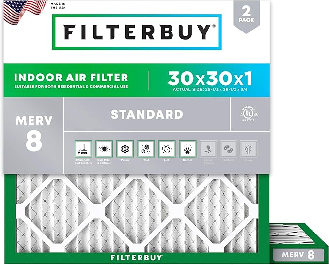 Filterbuy 30x30x1 Air Filter MERV 8 Essential Dust & Allergy Defense (2-Pack), Electrostatic Pleated HVAC AC Furnace Filters Replacement, Made in USA (Actual Size: 29.50 x 29.50 x 0.75)