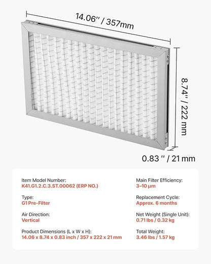 VEVOR Lab Fume Hood Filter, 14.06 x 8.74 x 0.83 in, 5 Pieces Replacement Prefilters for 23.62 x 21.65 in Portable Clean Room to Capture Particles Sized 3-10μm, Non-Woven Filter and Aluminum Frame